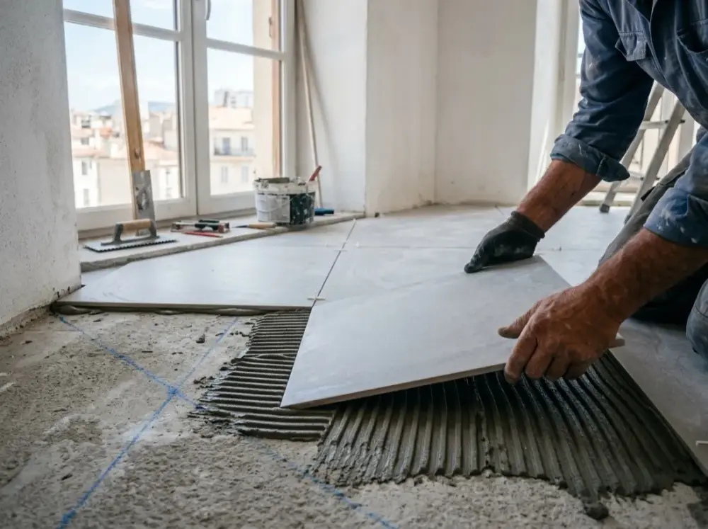 Pose d'un carrelage grand format sur colle peignée, croisillons dans les joints, cordeau tracé vers la fenêtre d'un appartement marseillais