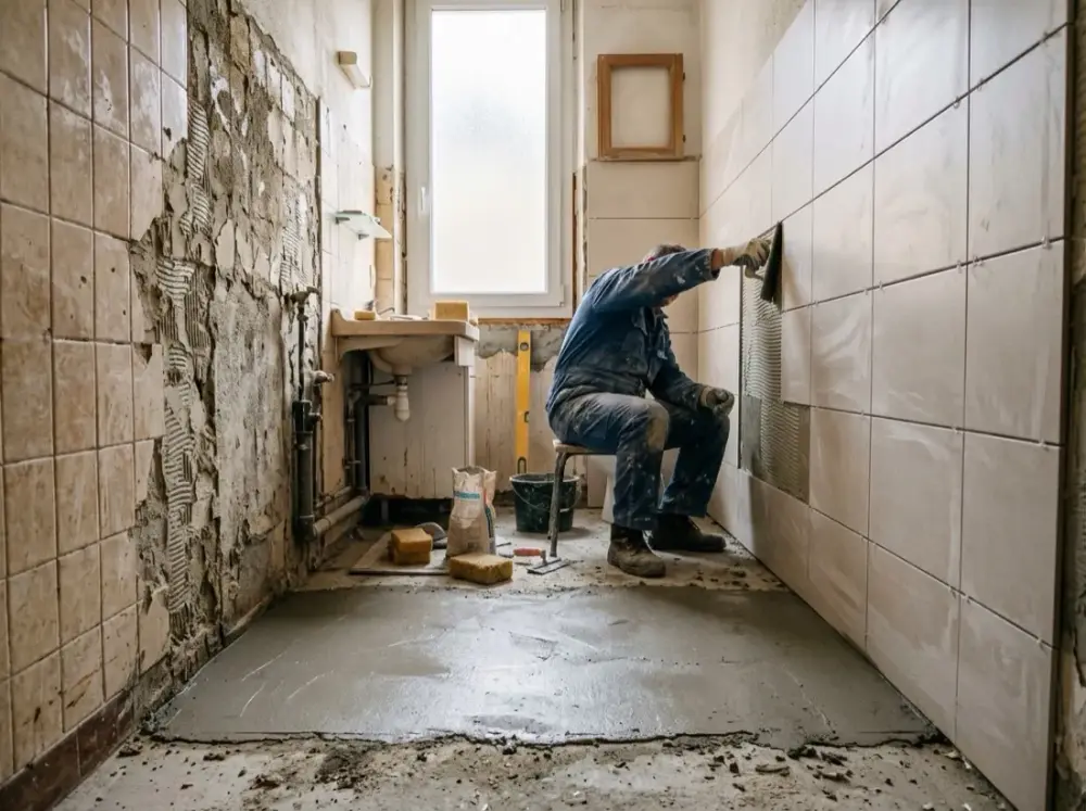 Illustration : salle de bain d'une résidence des années soixante-dix en cours de carrelage, étanchéité posée au pied des murs
